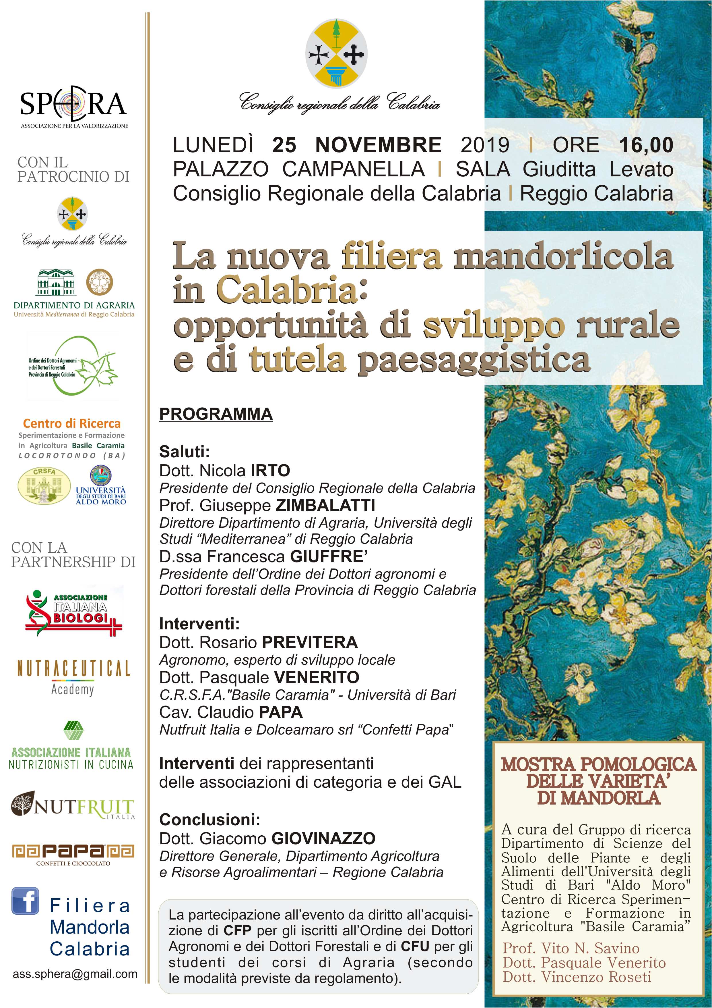 Convegno Mandorla 25 novembre al consiglio regionale Calabria